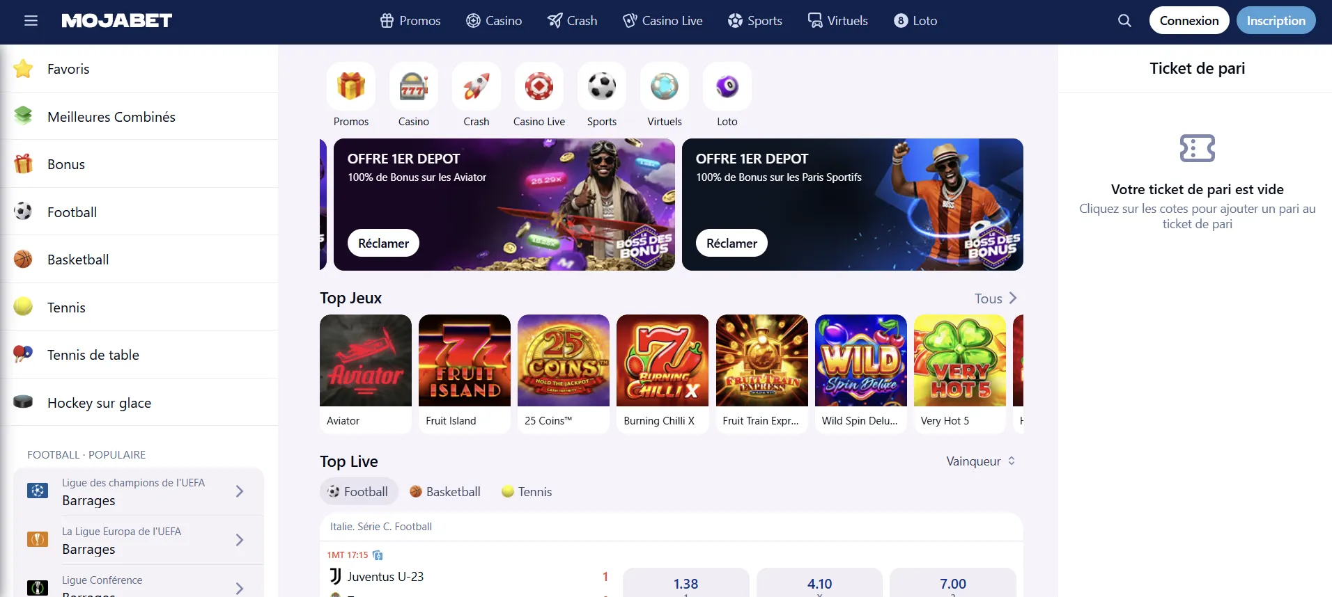 Interface mobile Mojabet application Android APK
